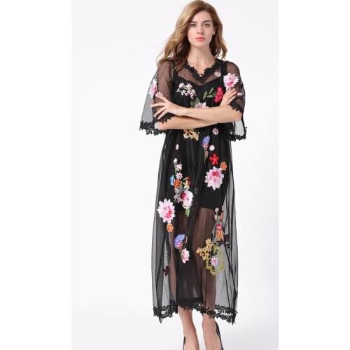 2021 Spring Summer Dress V Neck Embroidery Black Mesh Short Sleeve Mid Calf Fashion Womens Clothes Guo