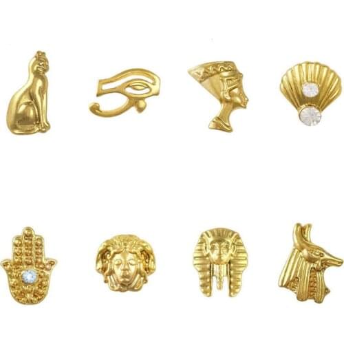 10Pcs Egyptian Nail Art Chamrs Gold Alloy Cat&Hand Egyptian Style 3D Nail Art Decorations Nail Tips Salon Studs Jewels Set