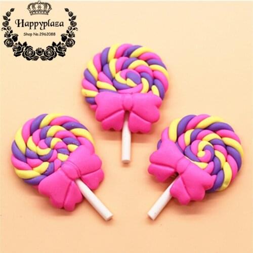 10pcs Kawaii CLay Hot Pink+Yellow+Purple Swirl Handmade Lollipop Miniature Food Art Supply DIY Craft Decoration,28*40mm