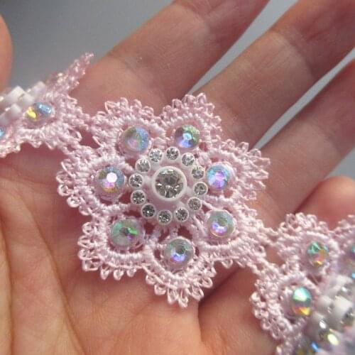 10x 4*4cm Pink Rhinestone Flower Lace Trim Embroidered Ribbon Fabric Applique Sewing Craft Patch For Apparel Costumes Decoration