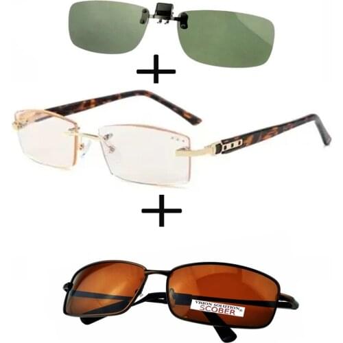 3Pcs!!! Titanium Gentleman Diamond Cut Reading Glasses Men Women + Alloy Polarized Sunglasses High Quality + Sunglasses Clip