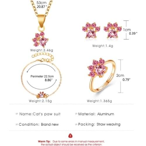 83XC 1 Set Pink Crystals Cat Paw Print Earrings Rings Pendant Bracelet Adjustable Pet Cat Dog Paw Jewerly Set for Women