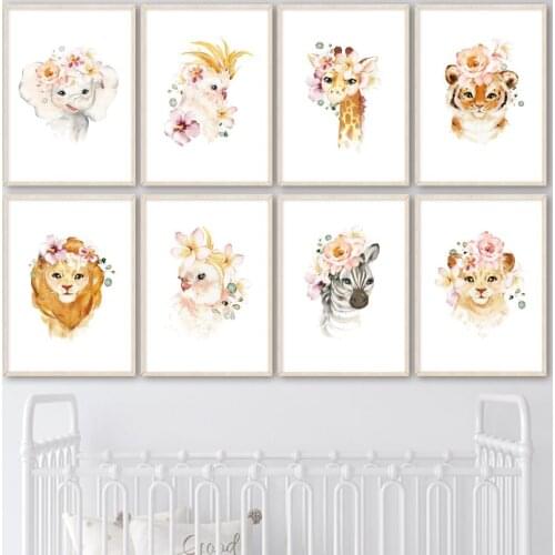 Watercolor Tiger Lion Parrot Giraffe Zebra Wall Art Canvas Painting Nordic Posters And Prints Wall Pictures For Kids Room Decor