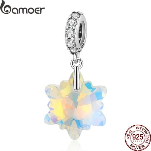 Bamoer 925 Sterling Silver Sparkling Crystal Snowflake Pendant Charms Fit Women Original Bracelet & Necklace Accessories Jewelry