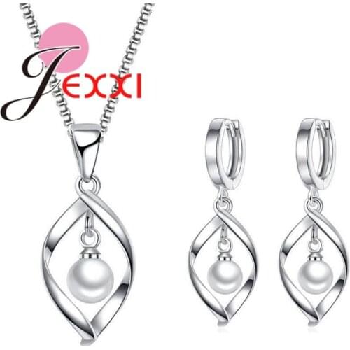 Real 925 Sterling Silver Fashion Pearls Box Chain Necklace With Hoop Earrings High Quality Women Wedding Jewelry Sets