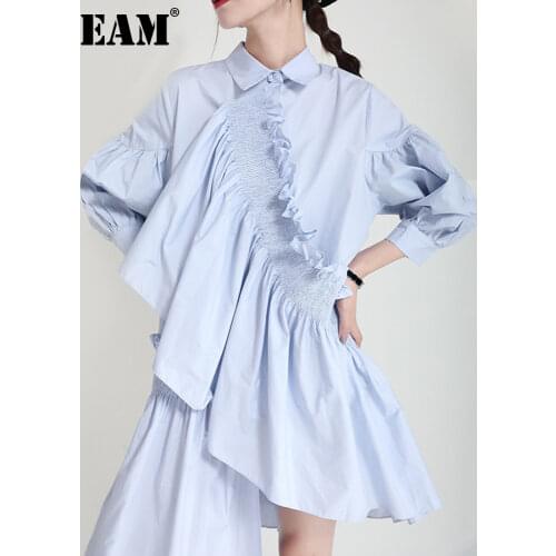 [EAM] Women Blue Ruffles Irregular Shirt Dress New Lapel Three-quarter Sleeve Loose Fit Fashion Tide Spring Summer 2021 1DE0811