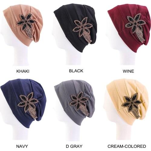 Women 1PC Twisted Headscarves Head Wrap Solid Color Inner Elegant Hat Beanie Turban Chemo Cap With Beads Flower Headwear