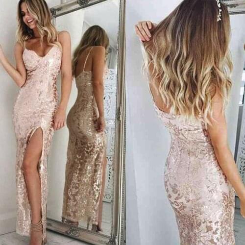 Illusion sexy cheap China anklie length mermaid spaghetti straps V neck nude lace prom dresses long with slit