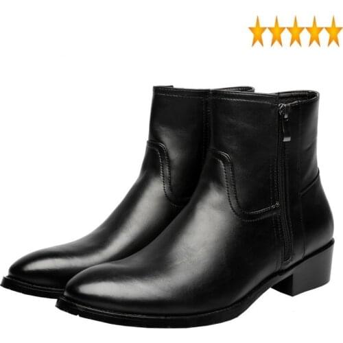 Toe Winter Mens Pointed Ankle Boots Block Med Heels Biker Safety Man High Top Motorcycle Leather Shoes Plus Size