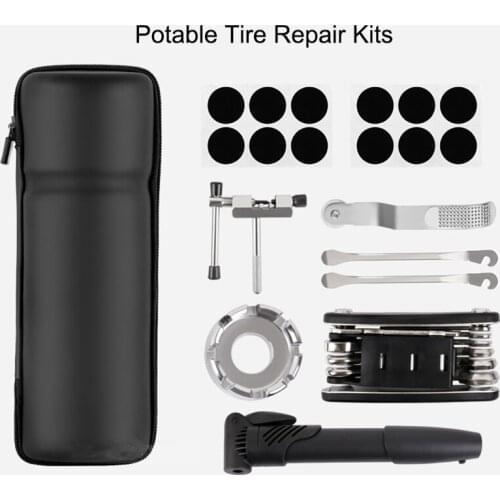 16 in 1 MTB Bike Tire Repair Kits Bicycle Spoke Wrench Chain Cutter Repair Tools Cycling Tire Lever Bicycle Pump Bottle Bag