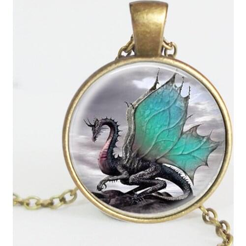 Hot Sale 2017 Blue Dragon Necklace Handmade glass dome Jewelry Long art Photo Necklace Charm Fantasy wing Dragon Jewelry