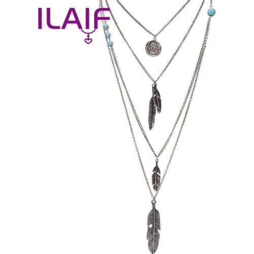 European Style Multi-layer Alloy Necklace for Women Feather Pendant Imitation Turquoise Long Chain Women Necklace Jewelry