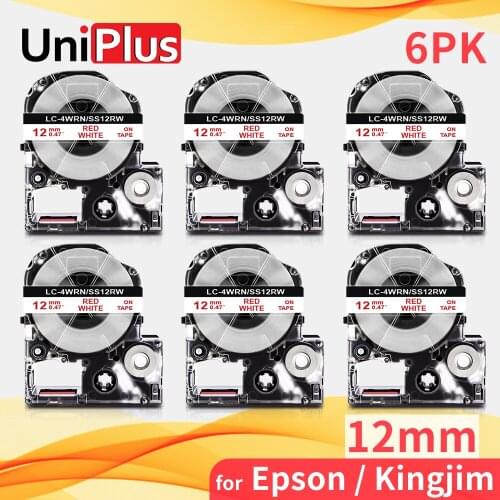 UniPlus 6PK SS12RW 12mm Red on White High Adhesive Label Tape Compatible Epson Label Printer Ribbon Typewriter LW-500 LW-K400