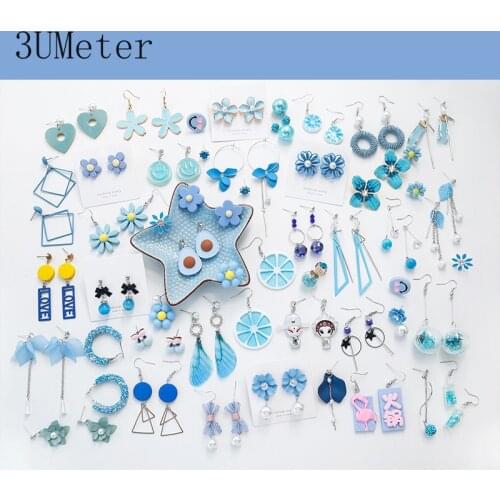 3UMeter Blue Series Earrings For Women Geometric Opal Crystal Stud Earrings Pearl Stud Earrings Long Tassel Earrings Petal Gift