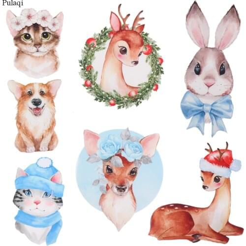 Pulaqi Iron On Animal Deer Patches Stickers For Clothes Heat Transfer Cartoon Lovely Rabbit Cat Appliques Baby T-shirt Accessory