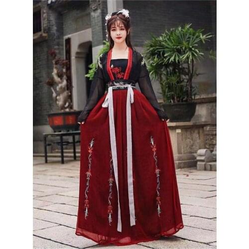 Chinese Traditional Dress Black Embroidery Hanfu Women Camisole Skirt 3 Pieces Set Chinese Kimono Japon Hanbok Haori Cosplay