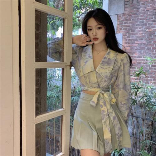 Bella Sweet Blouses Printed Long Sleeve Crop Tops Designer Stylish Ulzzang Bandage Slender Females Blouse Streetwear Boho Blouse