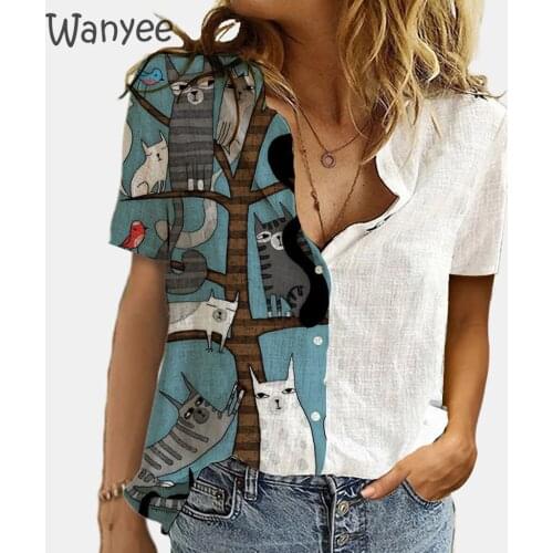 2021 Summer Women New Arrival T-shirts Casual Tee Office Lady Turn Down Collar Short Sleeve Button Tops Female Printed Harajuku