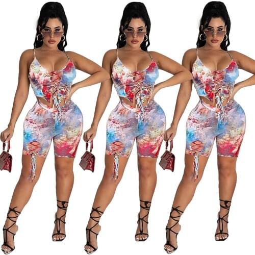 S-2xl women clothing summer 2021 fashion tie dye bandage sleeveless top and shorts two piece set Wholesale Dropshipping