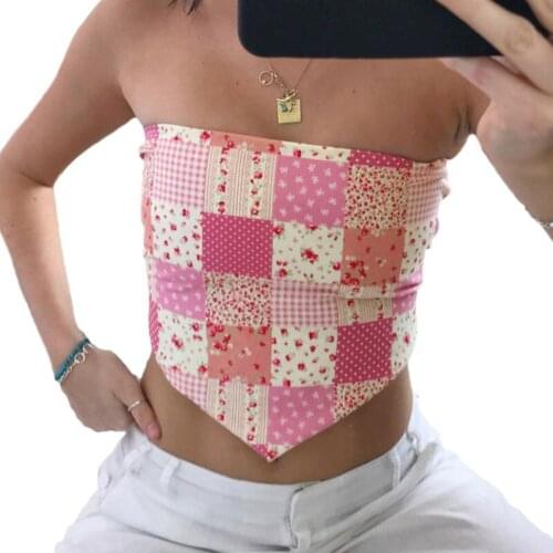 Ladies Summer Sexy Chest Wrap, Creative Plaid Floral Printing Irregular Hem Strapless Sleeveless Top Back Lace Up Camisole