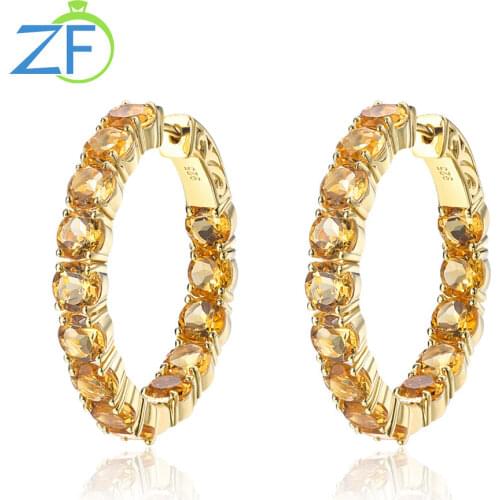 GZ ZONGFA High Quality Fine Jewelry Elegant Ladies Earrings 925 sterling silver Natural Citrine gem Hoop Earrings