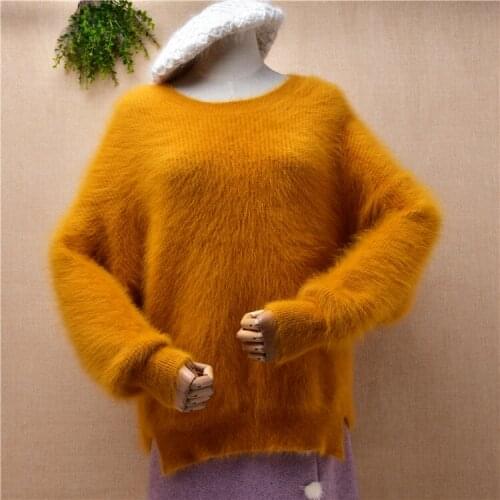 Female women fashion yellow hairy mink cashmere knitted o-neck split loose pullover angora fur autumn winter jumper sweater pull