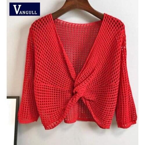 Vangull Fashion Hollow Out Knitting Women Sweater Pullovers Solid V-Neck Three Quarter Sleeve Female Pullovers Outerwear Tops