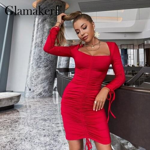 Glamaker Drawstring Square collar bodycon party club dress Fashion lace up red mini slim dress Autumn winter 2021 new vestidos