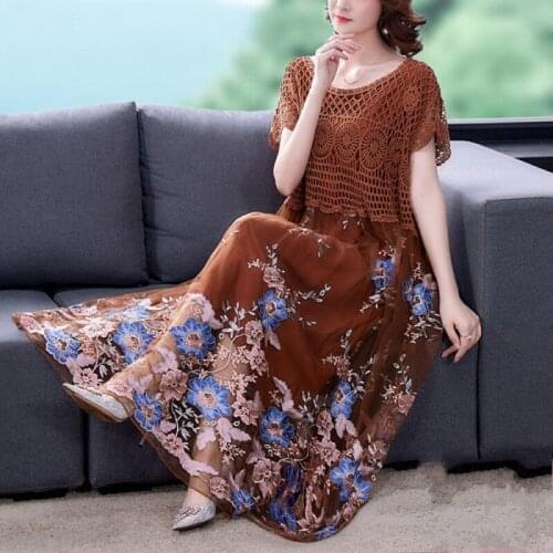 High-end 2021 summer Noble temperament women Net yarn embroidery slim dress short sleeves dress
