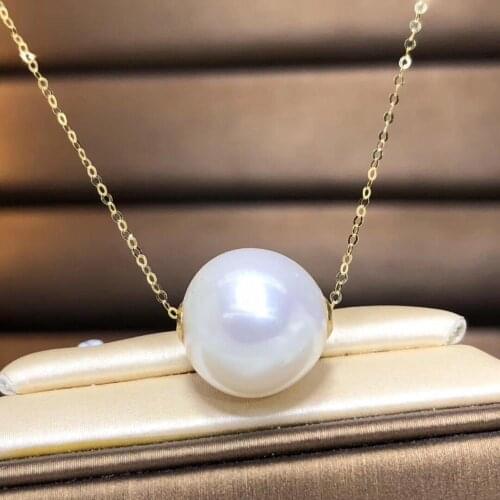 Fine Jewelry 18K Yellow Gold Natural Fresh Water 13-14mm White Pearl Pendant Necklaces for Women FIne Pearls Pendants