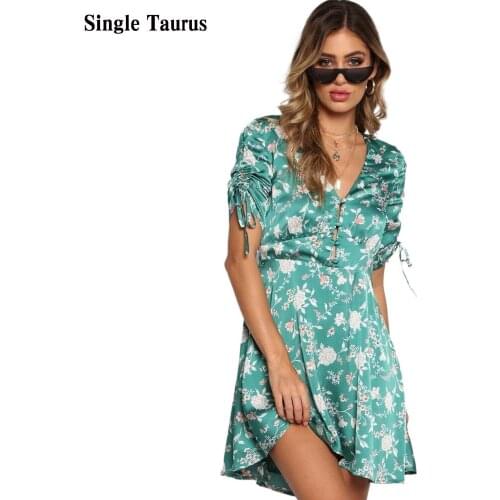 Street Dress Women V-neck Sexy Button Flower Print Sexy Dresses Party Night Club Dress Bohemia Beach Vacation Vestidos De Fiesta