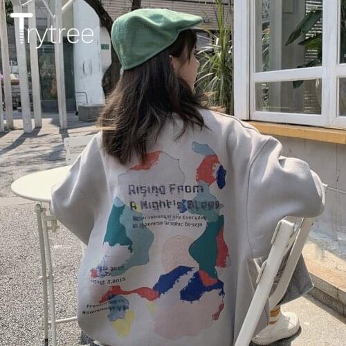 Trytree 2020 Winter Casual Womens Sweatshirts Fleece Liner O-neck Drop-shoulder Cotton Blend Oversize Printed Map Top for Women
