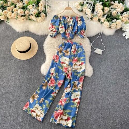 2021 New Summer Flower Printted 2 Piece Set Women Short Sleeve Elastic Slash Neck Tops High Waist Wide Leg Pants Holiday Suits