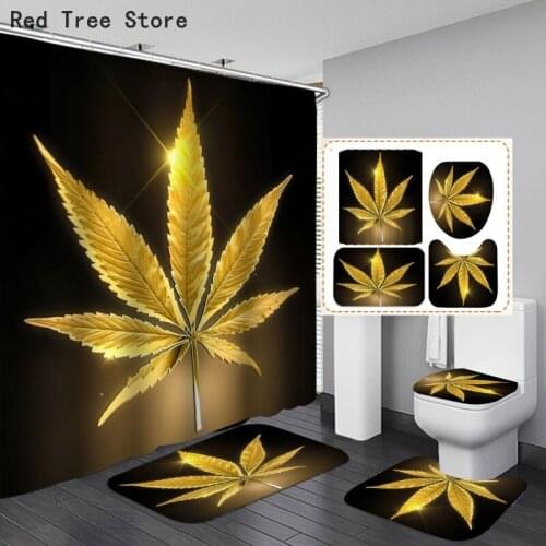 4pcs Set Waterproof 3D Shower Curtain & 12 Hooks Maple Leaves Print Polyester Fabric Non-Slip U Shape Mat Rug Toilet Cover Decor