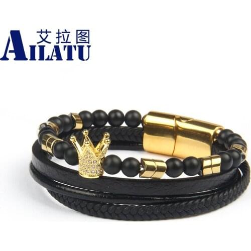 Ailatu Wholesale Gold Crown Sets Bracelet DIY Stone Stainless Steel Beads Genuine Leather Combination Jewelry Mens Gift