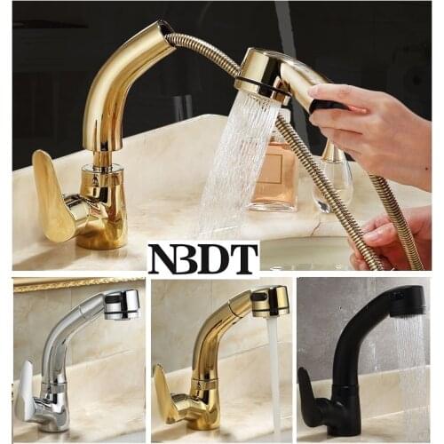 White Shiny Gold Matte Black Chrome Brass Pull Out Sprayer Kitchen Bath Basin Mixing Faucet Up Down Height Adjustable