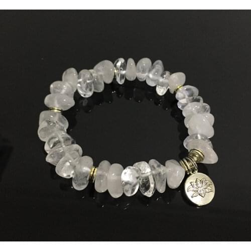 Handmade Stretch Clear Quartz Crystal Chip Bracelet Natural Stone Bracelets Irregular Nuggets Stone Lotus Flower Healing Jewelry
