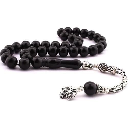 Black Sphere Natural Jet Stone Prayer Bead With Silver Tassel Men Rosary Islamic Tasbih With Seljuk Eagle Tassel