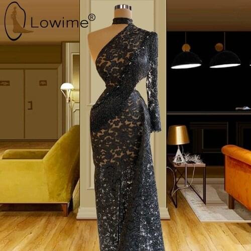 Dubai Black One Shoulder Evening Dresses Sexy Illusion Long Sleeve Beading Mermaid Evening Gowns 2021 Formal Party Prom Dresses