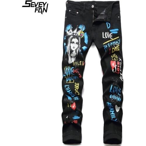 Graffiti Printed Hip Hop Jeans Blue Men Fashion Streetwear Harajuku Black Slim Jean Pants New Hipster Denim Trousers for Male