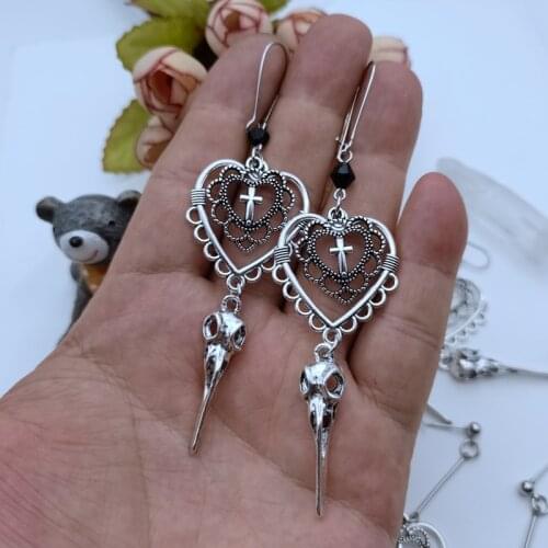 Gothic Heart Cross Bird Skull Earrings Jewellery Design Dark Art Goth Aestheic Dangle Earrings for Alternative Girl Punk Gifts
