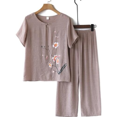 2PCS Mother Nightie Linen Cotton Out Wear Pajama Sets Female Short Sleeve Summer Women Home Clothes Plus Large Size XL-4XL Soft