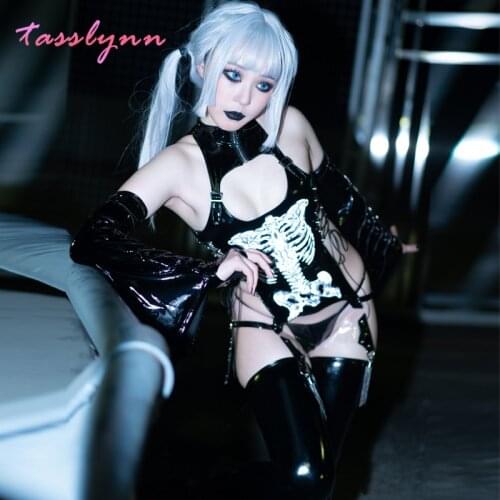 Dark Reign Inscription Cheongsam Patent Leather Reflective Cosplay Costume Outfit with Sleeves