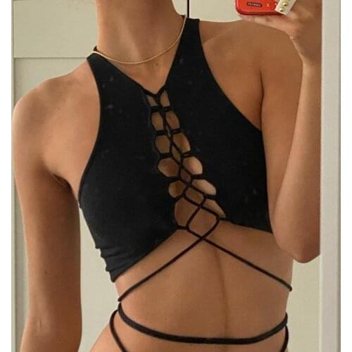 Sexy Bandage Hollow Out Black Tank Top Women Sleeveless Lace Up Vest Summer Club Party Cropped Top Y2K Streetwear Outfits