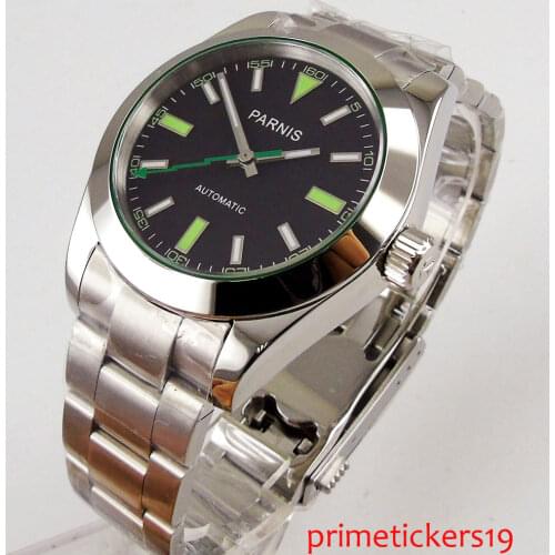 40mm parnis black dial white green numbers automatic 316L stainless steel strap mens watch P206