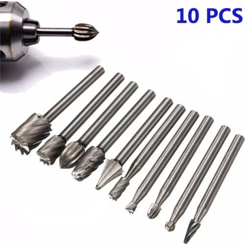 10Pcs 1/8 HSS Routing Router Drill Bits Set Tary Burrs Tools Wood Stone Metal Root Carving Milling Cutter Engraving Abrasive
