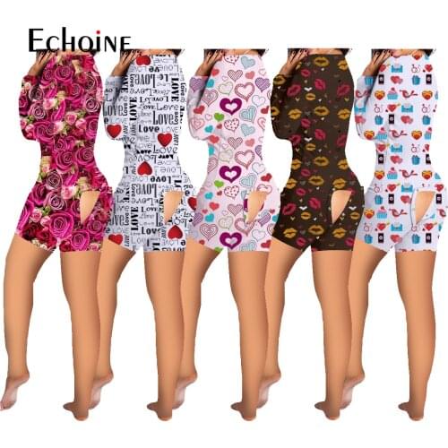 Echoine Women Sexy Valentine Day Button open crotch Adults Nightwear Long sleeve V-neck Pajama Rompers shorts Jumpsuit sleepwear