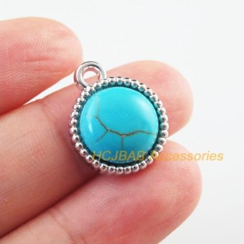 20Pcs Dull Silver Plated Retro Round Stone Charms Pendants 15x19mm