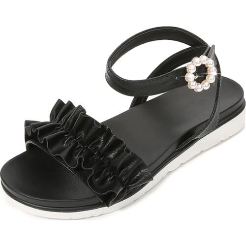 Pure color pearl round head buckle sandals female fairy style female summer new sandals casual lazy beach shoes