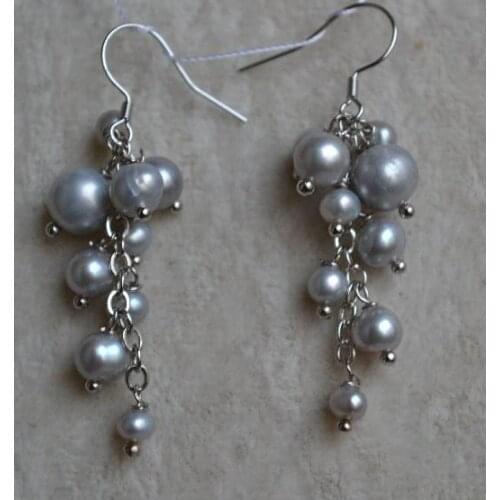Fine Jewelry Women Pearl Earrings 2-7mm Gray Grape Real Freshwater Pearl Earring 925 Sterling Silver Dangle Jewelry